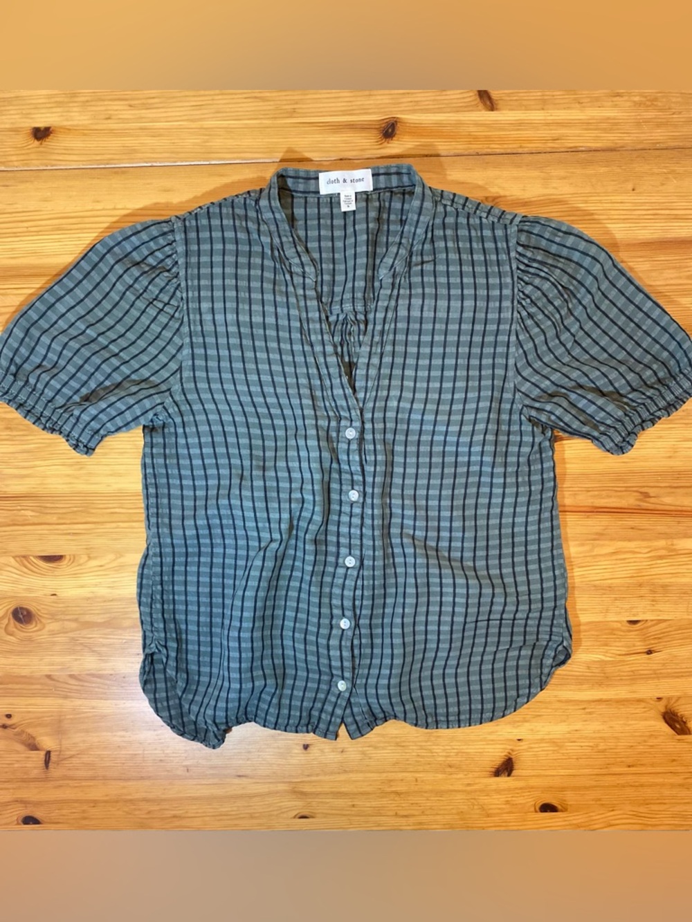 Cloth & Stone Puff-Sleeve Linen Blend Buttondown Gingham Top Dark Green Size S - Picture 7 of 11